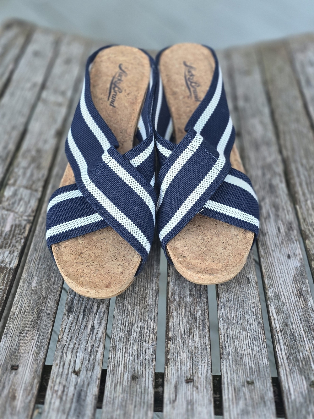 Lucky Brand Navy & White Striped Cork Wedge Sandals